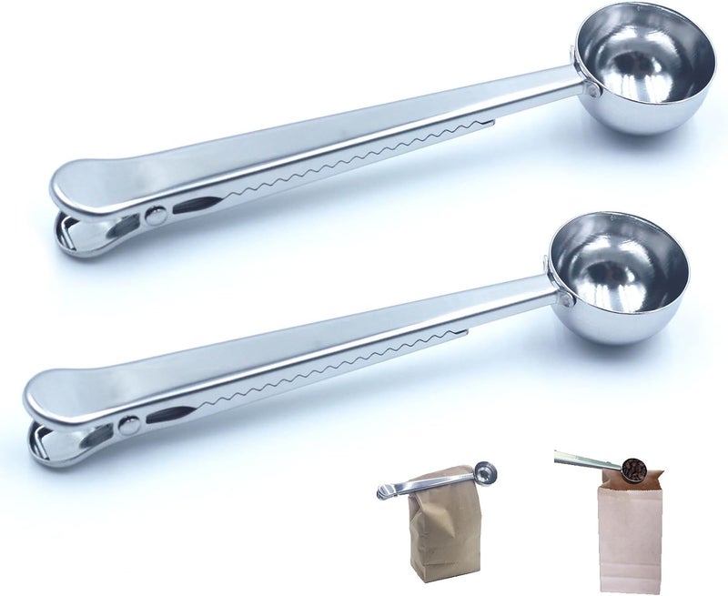 TacoMynxify Stainless Steel Coffee Scoop with Clip – 2-in-1 Coffee Measuring Spoon (1 Tbsp) for Ground Coffee, Tea, Protein – Rustproof, Dishwasher Safe, Bag Sealer for Freshness(2 PCS） - Image 1